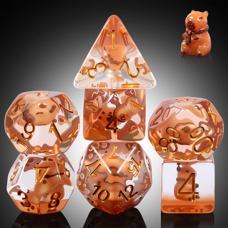 DNDND Capybara DND Dice Set with Cute Animal Inside 7PCS Hand Made Polyhedral Resin Dice for Dungeons and Dragons RPG Games with Gold Numbers Unique Collector Dice in Velvet Bag Gift for Gamers - Image 3