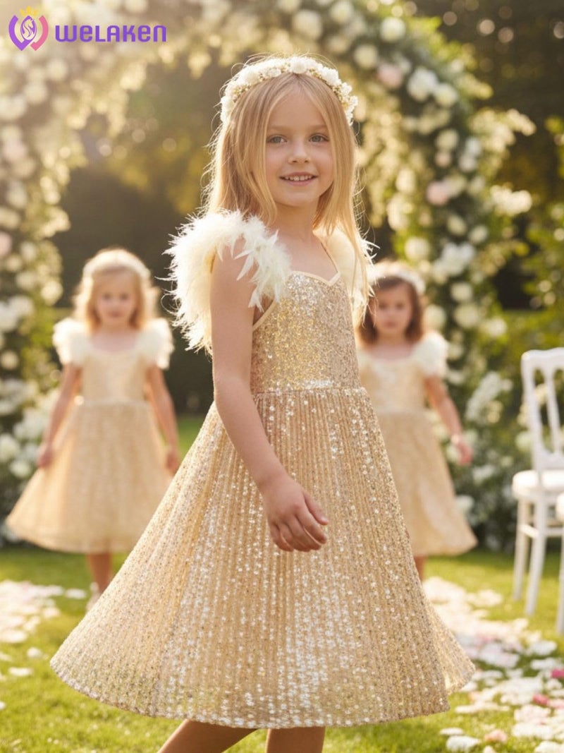 WELAKEN Girls Sparkly Sequin Dress Feather Strap Pleated Twirl Party Formal Dress, Gold, 6-7Y - Image 4