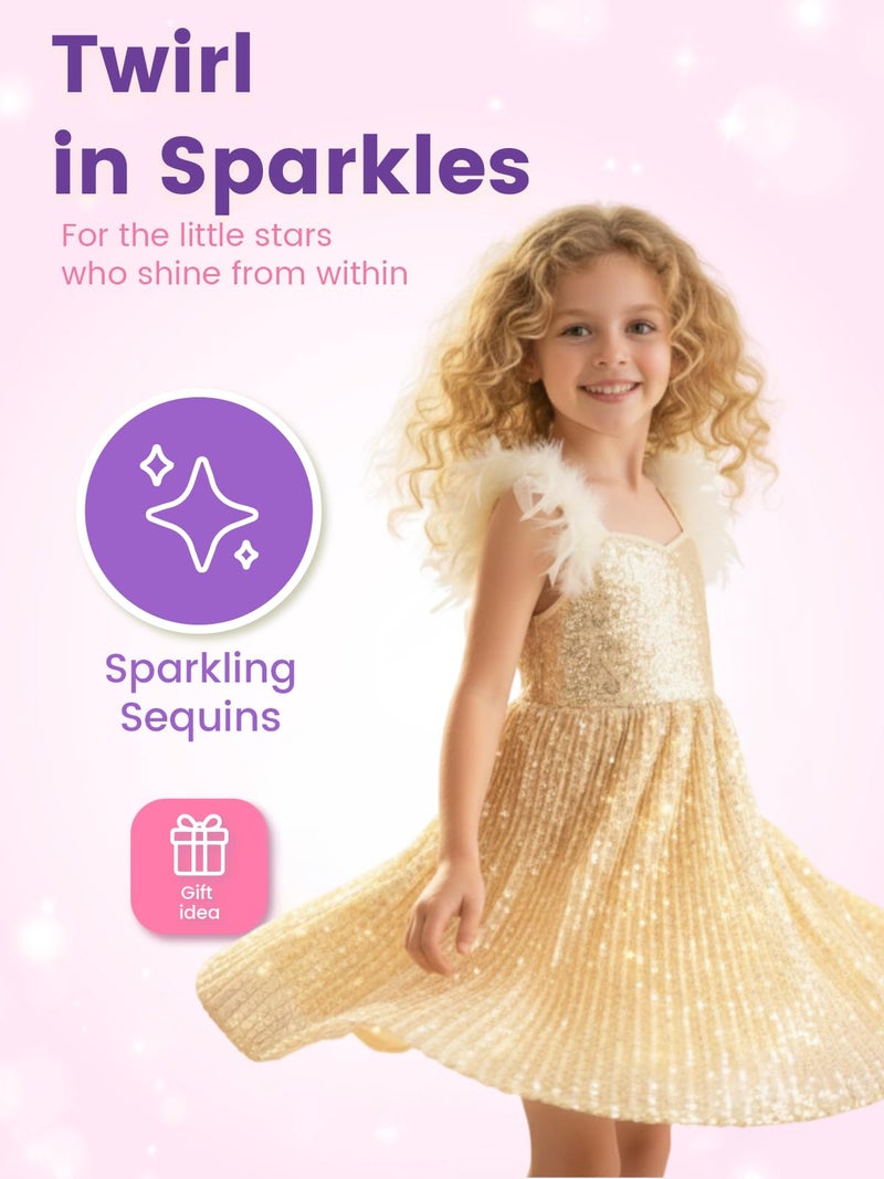 WELAKEN Girls Sparkly Sequin Dress Feather Strap Pleated Twirl Party Formal Dress, Gold, 6-7Y - Image 5