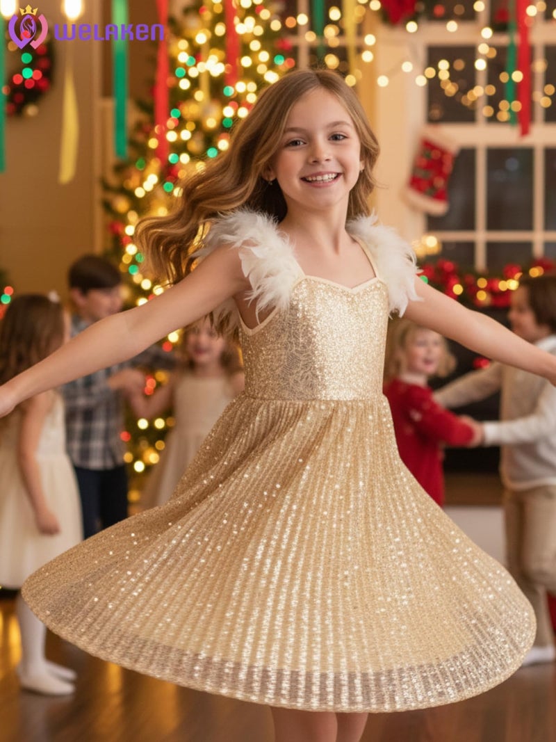 WELAKEN Girls Sparkly Sequin Dress Feather Strap Pleated Twirl Party Formal Dress, Gold, 6-7Y - Image 3
