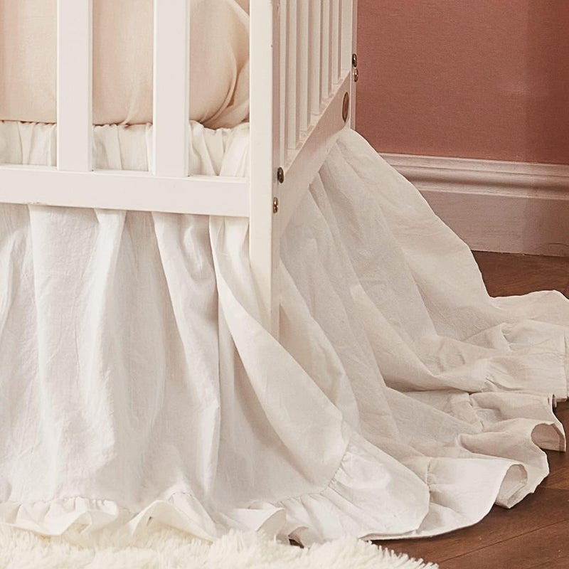 Brandream Boho Bohemian Girl Baby Nursery Crib Bed Skirt Dust Ruffle - Neutral Solid Color Beige Cream Off White Farmhouse Chic 100% Washed Cotton Ruffle - Image 1