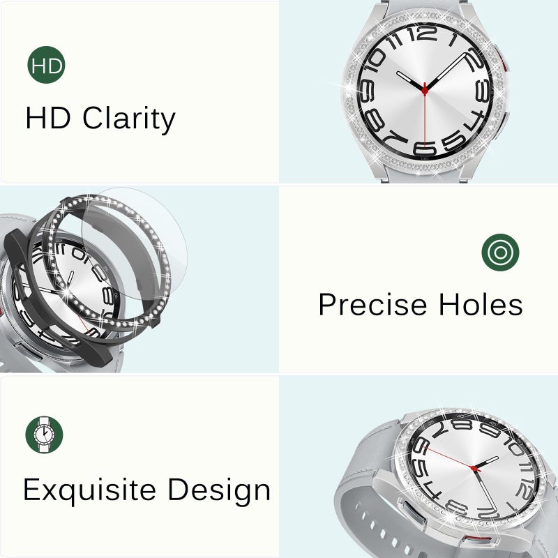 RICHONE 3 in 1 Bling Case for Galaxy Watch 6 Classic Screen Protector 47mm,Anti-Fog Tempered Glass Protective Film and Hard Face Cover Bumper Samsung Watch 6 Classic 47 Accessories (Silver, SM-R960) - Image 3