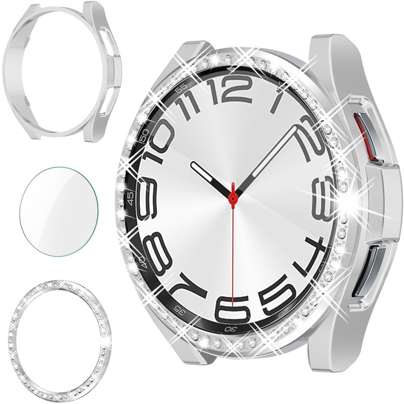 RICHONE 3 in 1 Bling Case for Galaxy Watch 6 Classic Screen Protector 47mm,Anti-Fog Tempered Glass Protective Film and Hard Face Cover Bumper Samsung Watch 6 Classic 47 Accessories (Silver, SM-R960) - Image 1