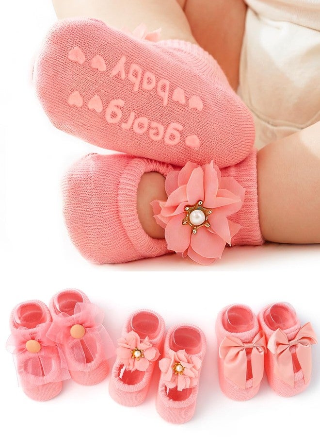 Urieo Baby Girls Socks Flower Non-Slip Grips Ankle Socks for Newborn Infants - Image 1
