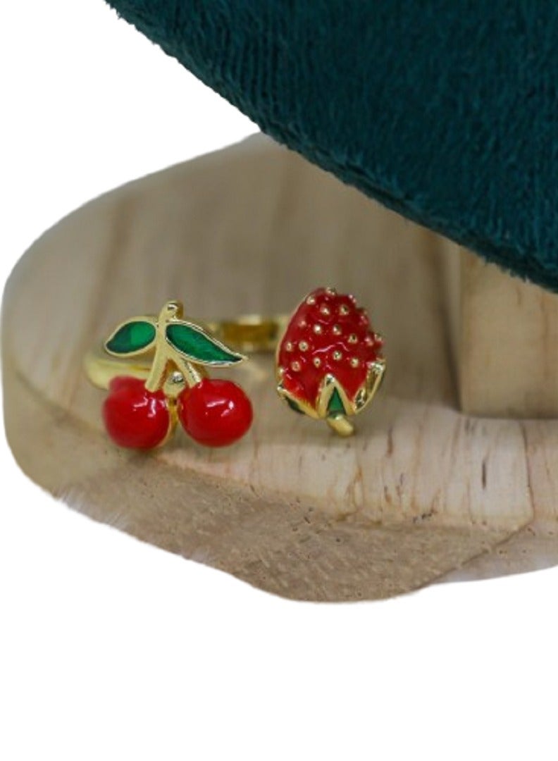 MANIKAN Cherry and Strawberry Ring, Gold-Toned Enamel, Red and Green