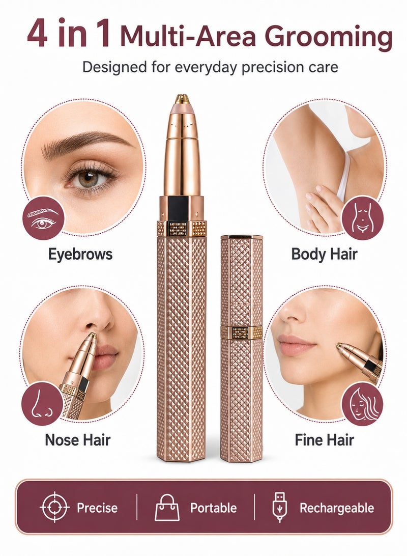 MAGNISHAN 4 in 1 USB Rechargeable Electric Hair Remover Eyebrow Trimmer, 18K Gold‑Plated Multi‑Head Shaver for Eyebrow Nose Face Body Hair - Image 3