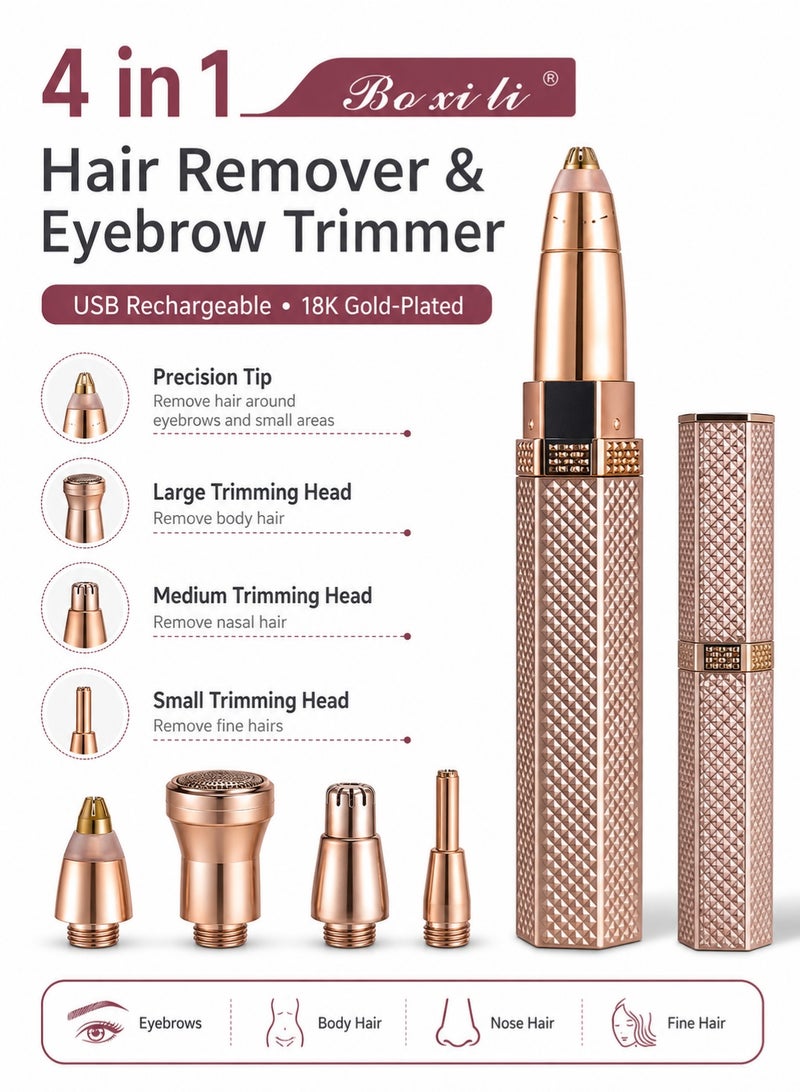 MAGNISHAN 4 in 1 USB Rechargeable Electric Hair Remover Eyebrow Trimmer, 18K Gold‑Plated Multi‑Head Shaver for Eyebrow Nose Face Body Hair - Image 1