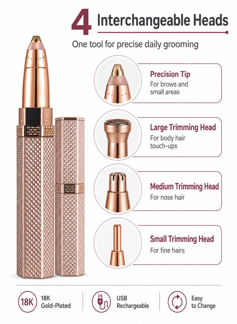 MAGNISHAN 4 in 1 USB Rechargeable Electric Hair Remover Eyebrow Trimmer, 18K Gold‑Plated Multi‑Head Shaver for Eyebrow Nose Face Body Hair - Image 2