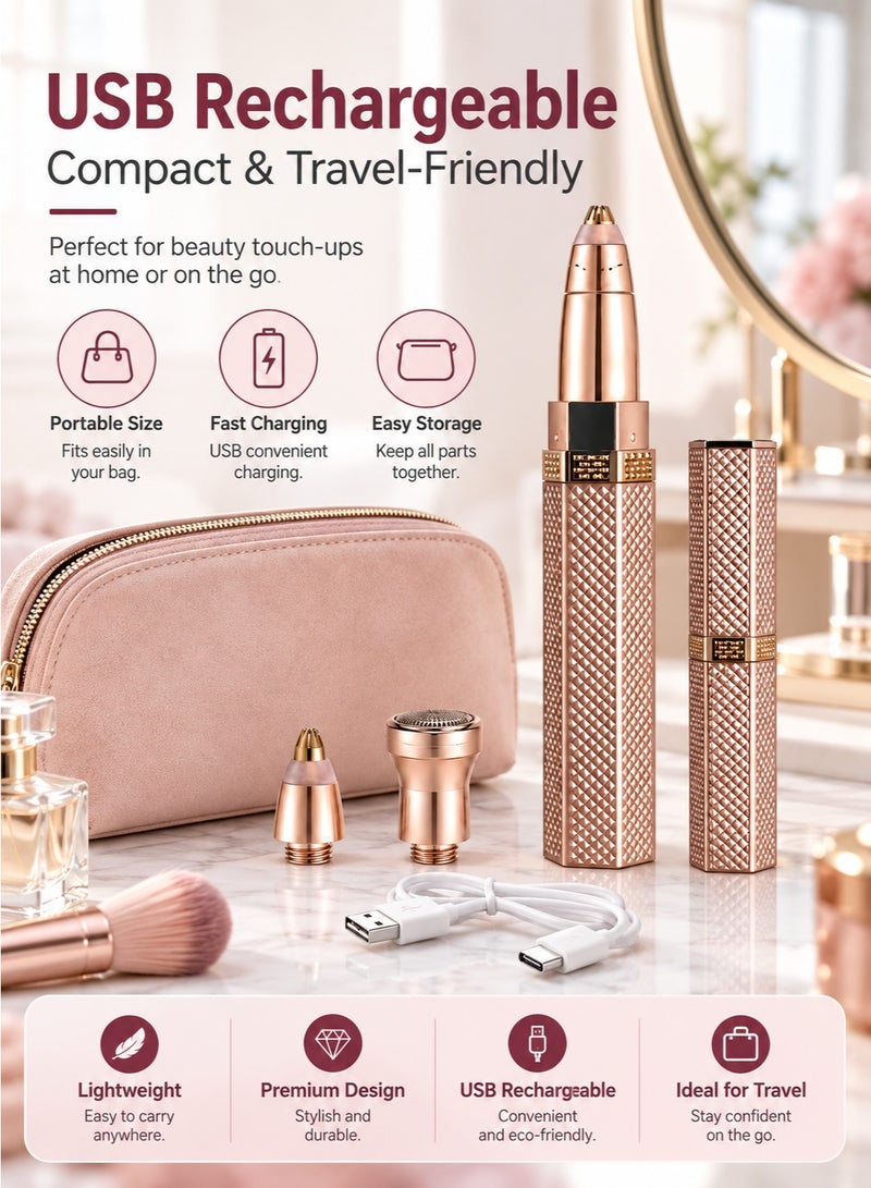 Boxili 4 in 1 USB Rechargeable Electric Hair Remover Eyebrow Trimmer, 18K Gold‑Plated Multi‑Head Shaver for Eyebrow Nose Face Body Hair - Image 4