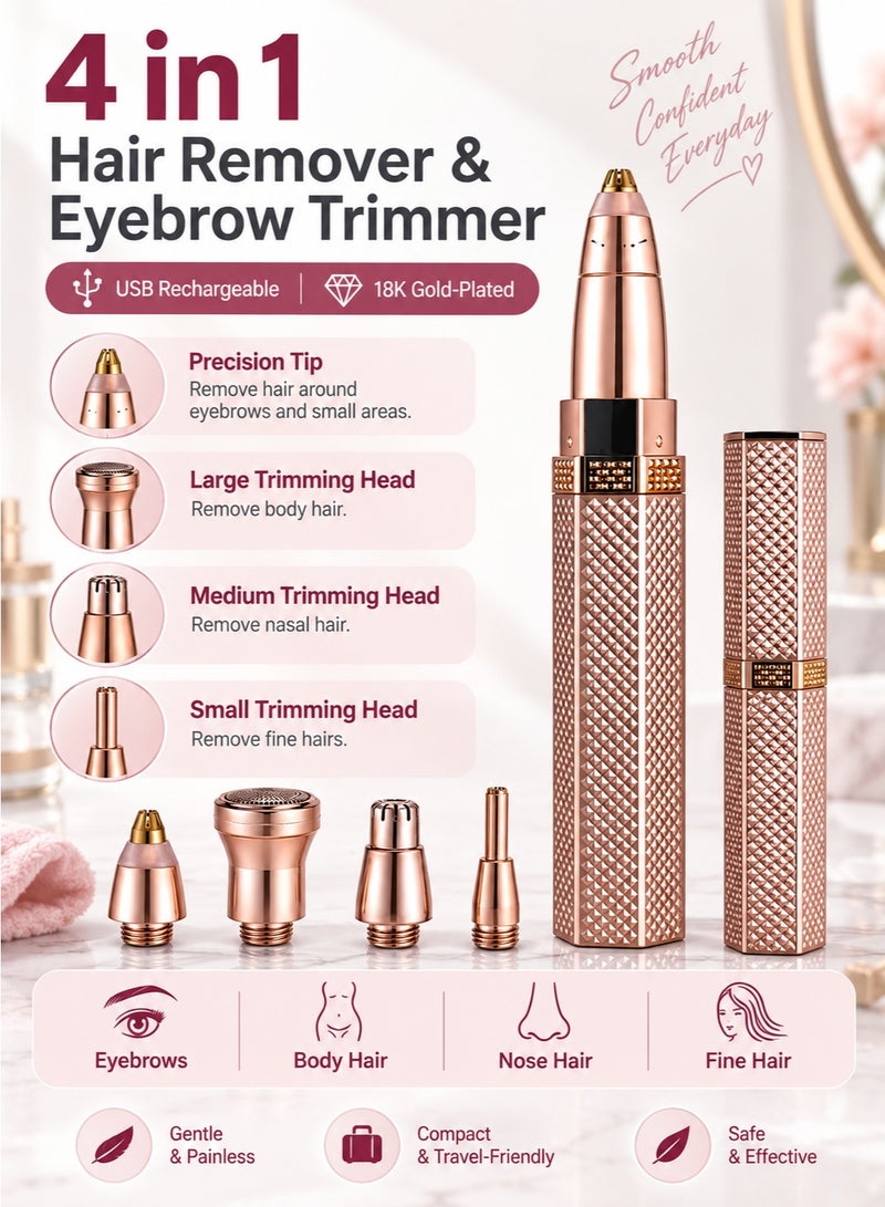 Boxili 4 in 1 USB Rechargeable Electric Hair Remover Eyebrow Trimmer, 18K Gold‑Plated Multi‑Head Shaver for Eyebrow Nose Face Body Hair - Image 1