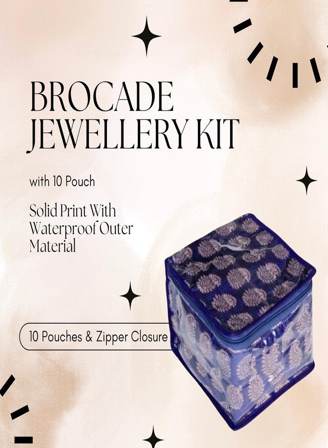 PRISMAXIC Brocade Jewellery kit with 10 Pouch|Solid Print With Waterproof Outer Material|10 Pouches & Zipper Closure|Size 19 x 18 x 13, Pack of 1 (blue) - Image 2