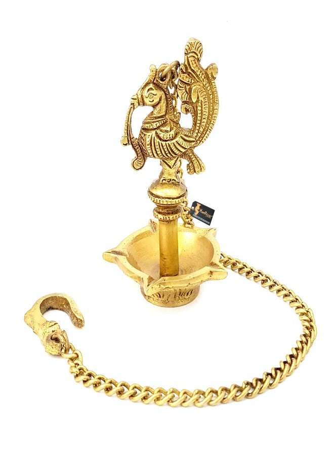 Two Moustaches 4.5 Inches Ethnic Handmade Peacock Design 5 Oil Wick Brass Hanging Diya , Brass Hanging Diyas , Diyas for Home Decor , Diya for Home/Temple , Standard , Pack of 1 - Image 1