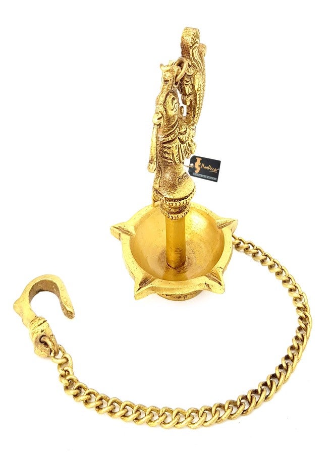 Two Moustaches 4.5 Inches Ethnic Handmade Peacock Design 5 Oil Wick Brass Hanging Diya , Brass Hanging Diyas , Diyas for Home Decor , Diya for Home/Temple , Standard , Pack of 1 - Image 3