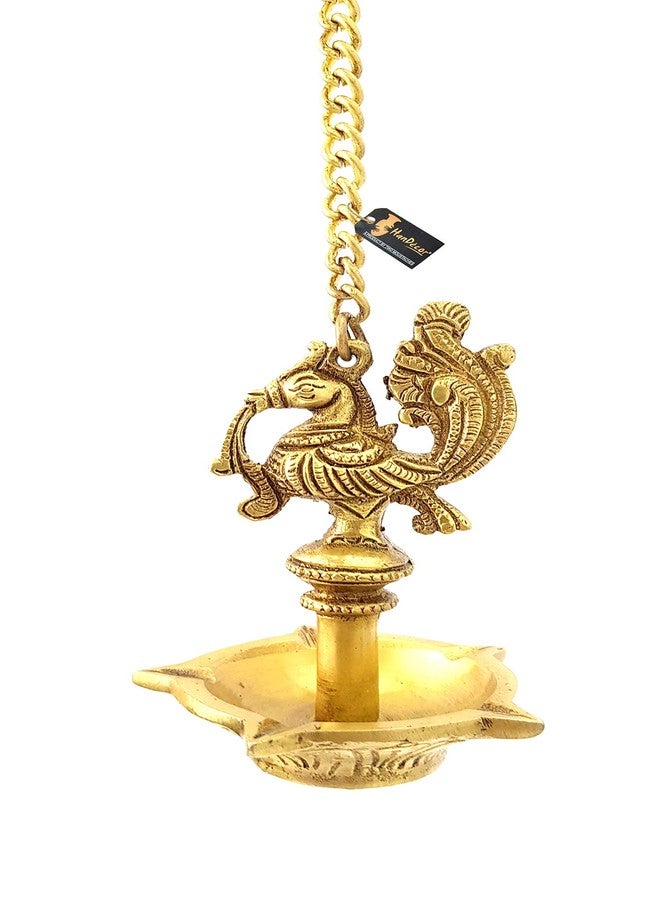 Two Moustaches 4.5 Inches Ethnic Handmade Peacock Design 5 Oil Wick Brass Hanging Diya , Brass Hanging Diyas , Diyas for Home Decor , Diya for Home/Temple , Standard , Pack of 1 - Image 2