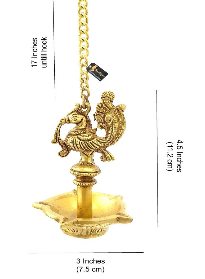 Two Moustaches 4.5 Inches Ethnic Handmade Peacock Design 5 Oil Wick Brass Hanging Diya , Brass Hanging Diyas , Diyas for Home Decor , Diya for Home/Temple , Standard , Pack of 1 - Image 4