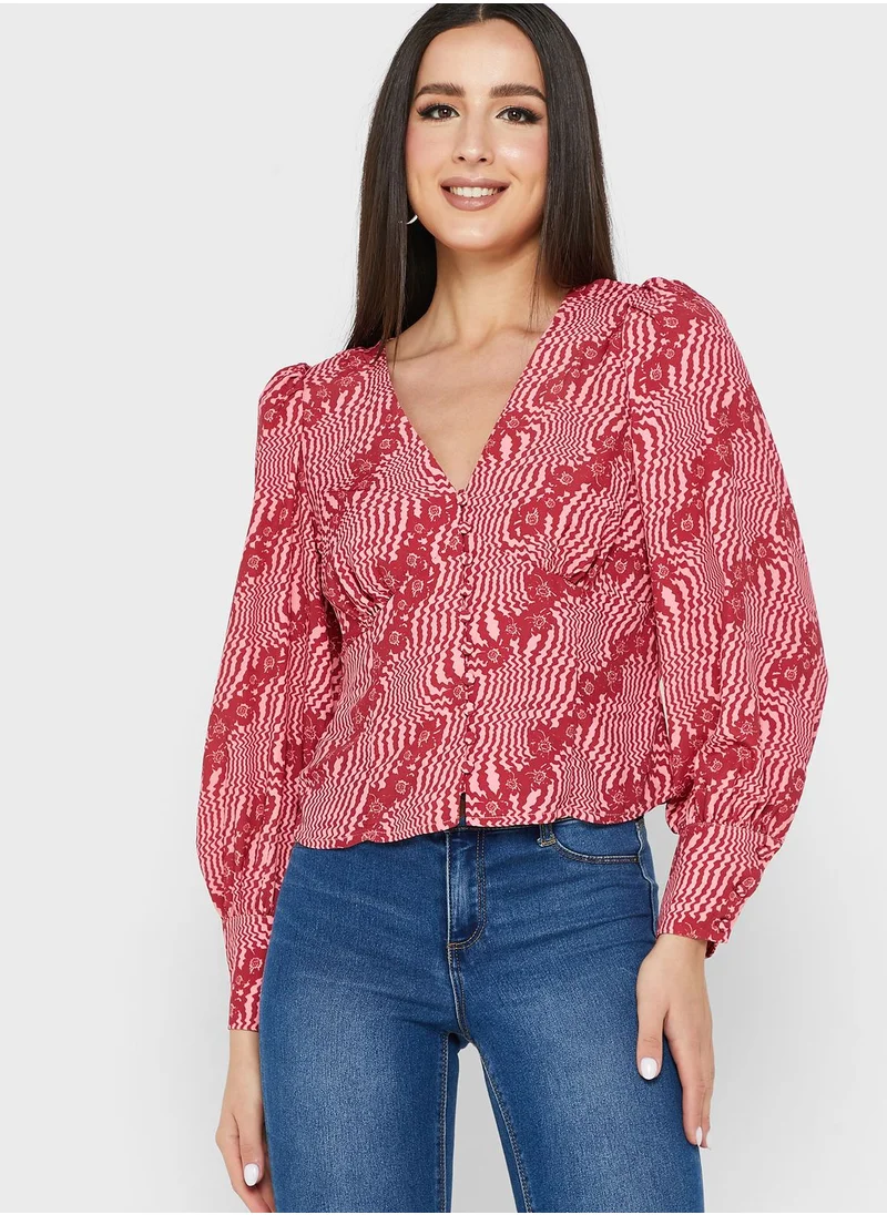 GLAMOROUS Printed V-Neck Top