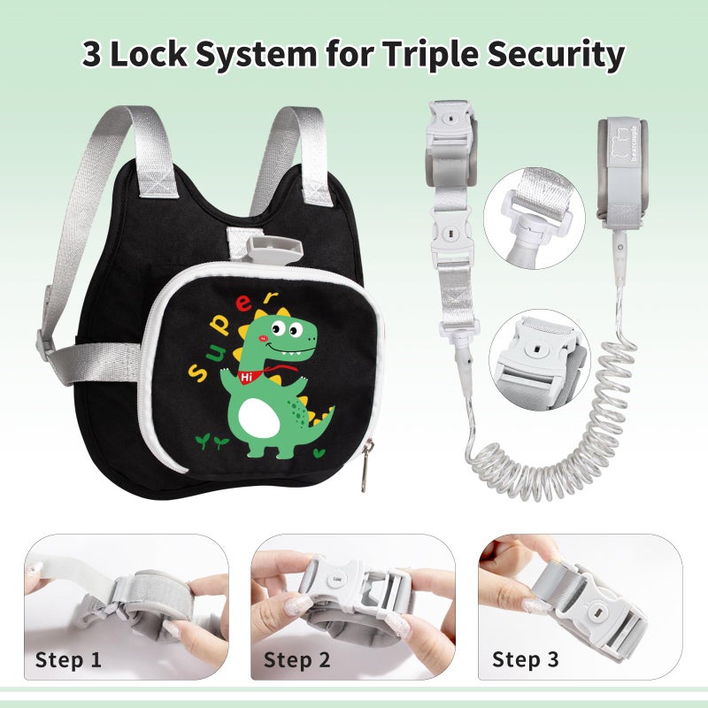 bearcouple Toddler Harness Backpack Leash with Wrist Link | Cute Dinosaur Anti-Lost Walking Strap for Kids | Foldable & Adjustable Child Safety Belt for Boys & Girls(Black) - Image 4