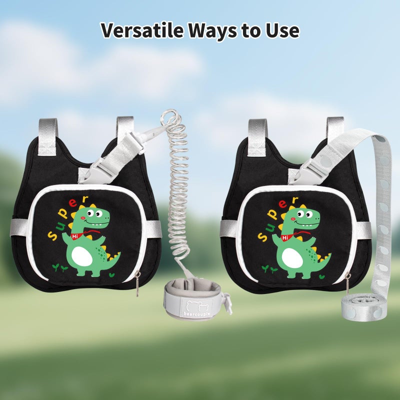 bearcouple Toddler Harness Backpack Leash with Wrist Link | Cute Dinosaur Anti-Lost Walking Strap for Kids | Foldable & Adjustable Child Safety Belt for Boys & Girls(Black) - Image 2