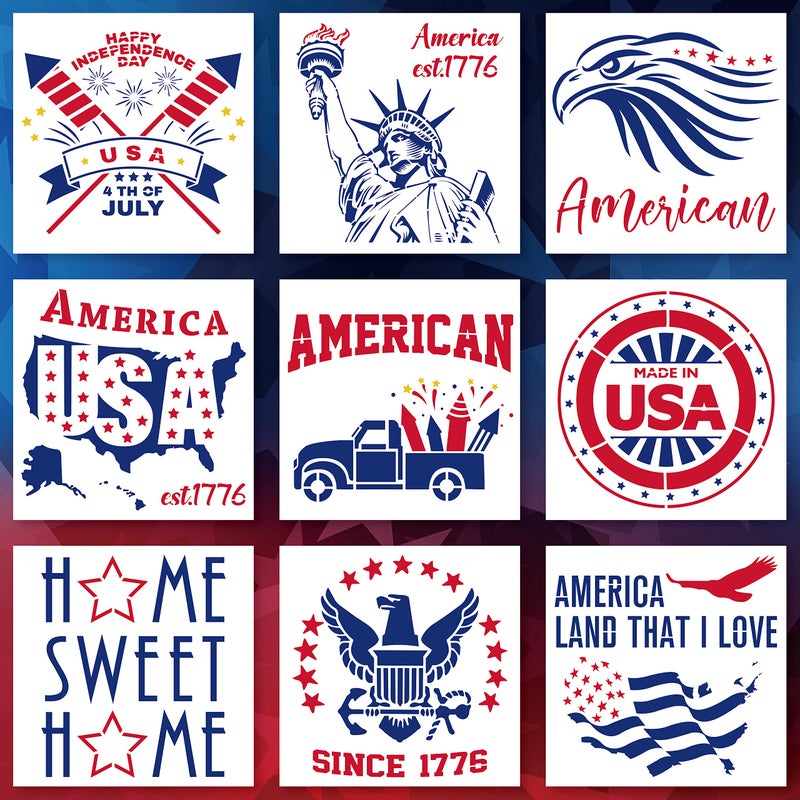 Hying 9PCS Patriotic 4th of July Stencils for Painting on Wood Wall 79 x 79 Inch Reusable 4th of July Stencils American Flag USA Patriotic Stencil Template for DIY Crafts Decorations Supplies