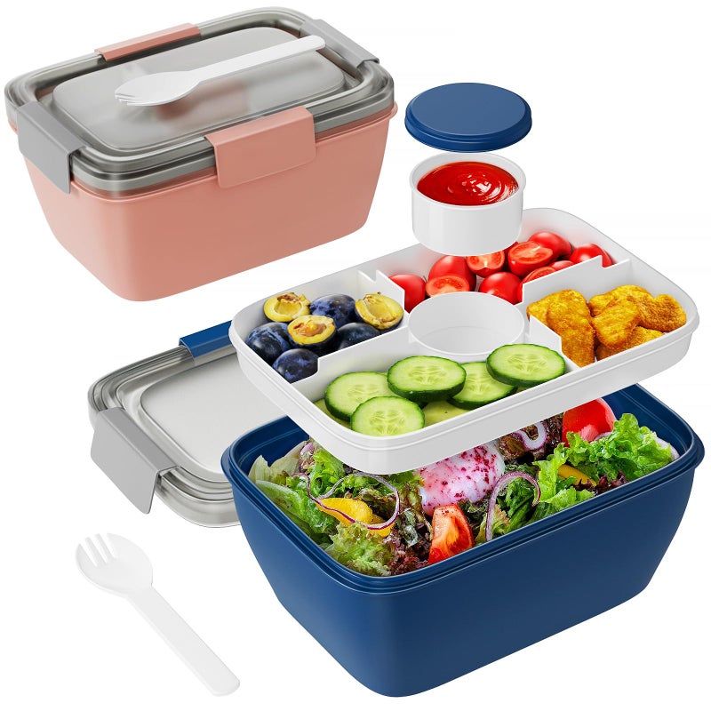 Freshmage Large Salad Container for Lunch, 2 Packs 68oz Salad Bowls with 5 Compartments, Salad Dressings Container for Salad Toppings, Snacks, Men, Women (Pink+Blue) - Image 1
