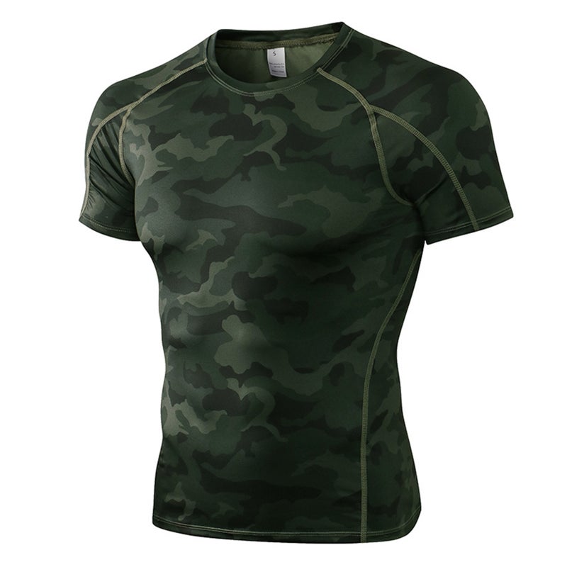 Men's PRO Short Sleeve Fitness Exercise Running Training Clothes Elastic Quick-drying T-shirt Camouflage Green XL