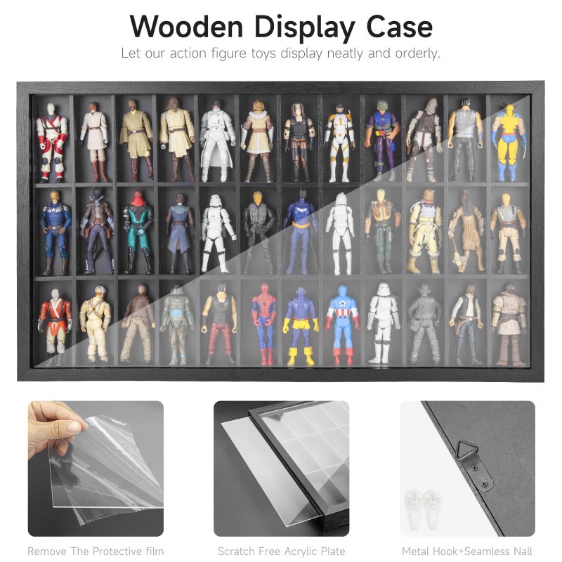 DisplayMore Wooden Display Case for 3.75 inch Action Figures, Wall Mounted 36 Compartments Collectors Showcase,Fit for 1/18 Scale Star Wars / GI Joe / Marvel Action Figure Toy Black - Image 4