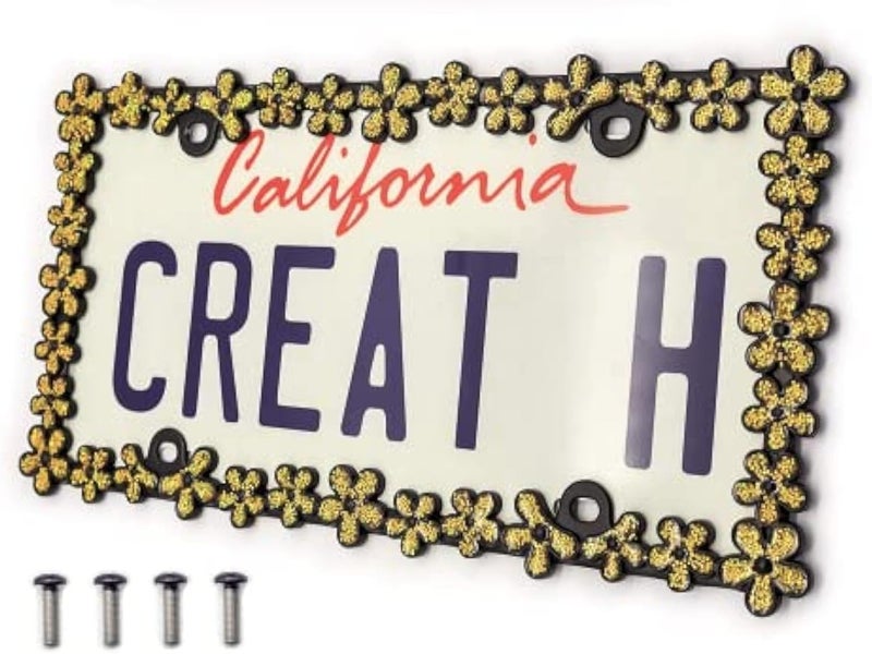 CRAFTHOME 3D Shining Daisy Wrenth License Plate Frame from Pure Zinc Alloy Metal Perfect Plate Holder,Matt Black with Gold Glitter - Image 1