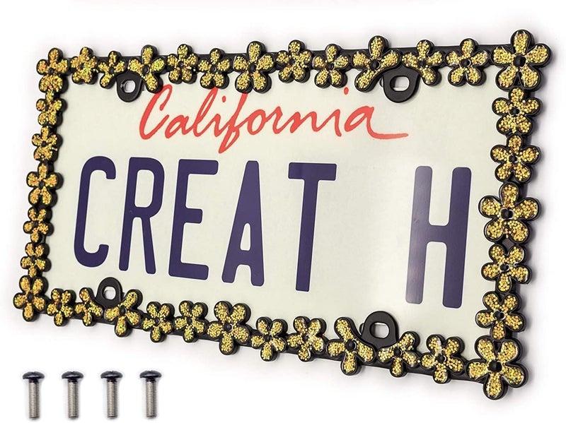 CRAFTHOME 3D Shining Daisy Wrenth License Plate Frame from Pure Zinc Alloy Metal Perfect Plate Holder,Matt Black with Gold Glitter - Image 2