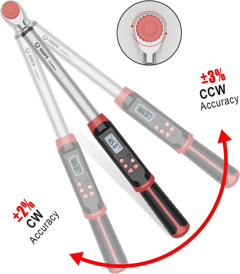 VANPO Digital Torque Wrench 1/2-Inch Drive 7.38-147.5ft-lbs/10-200NM with Buzzer and LED Notification - Image 4