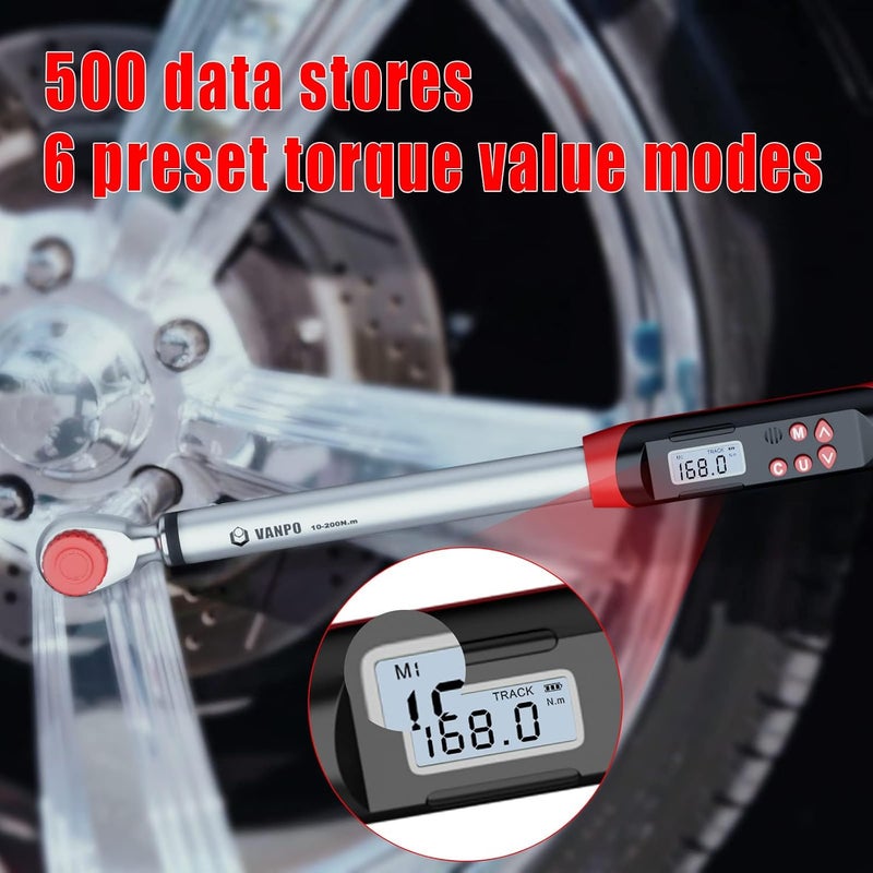 VANPO Digital Torque Wrench 1/2-Inch Drive 7.38-147.5ft-lbs/10-200NM with Buzzer and LED Notification - Image 2