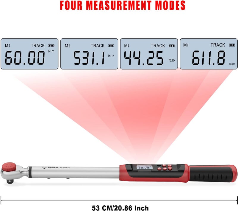 VANPO Digital Torque Wrench 1/2-Inch Drive 7.38-147.5ft-lbs/10-200NM with Buzzer and LED Notification - Image 3