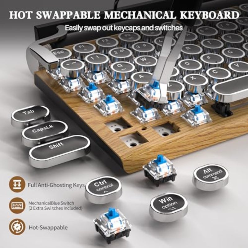 Retro typewriter keyboard for desktop use, wood material, vintage brown color, wireless mechanical with blue switches and 14-mode LED backlight - Image 4