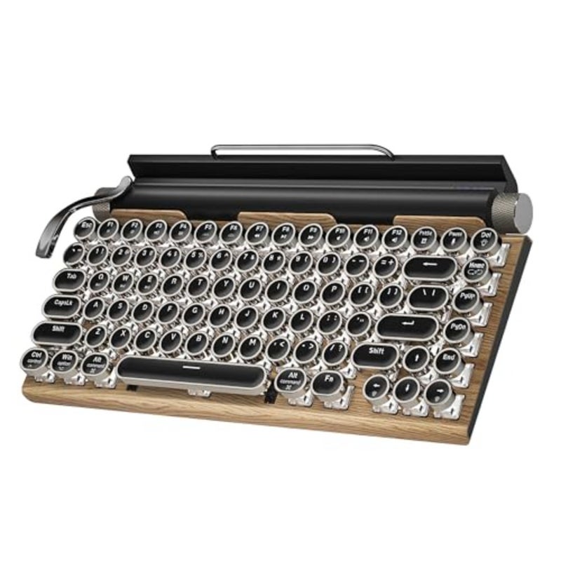 Retro typewriter keyboard for desktop use, wood material, vintage brown color, wireless mechanical with blue switches and 14-mode LED backlight - Image 1