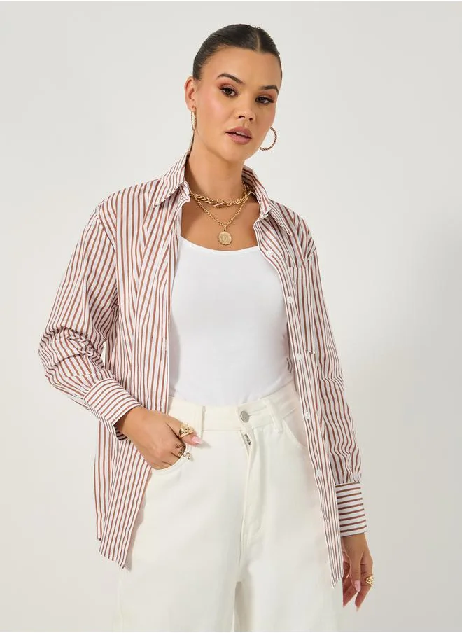 ستايلي Oversized Striped Collared Long Sleeves Shirt