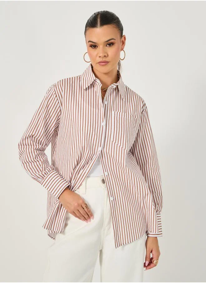 ستايلي Oversized Striped Collared Long Sleeves Shirt