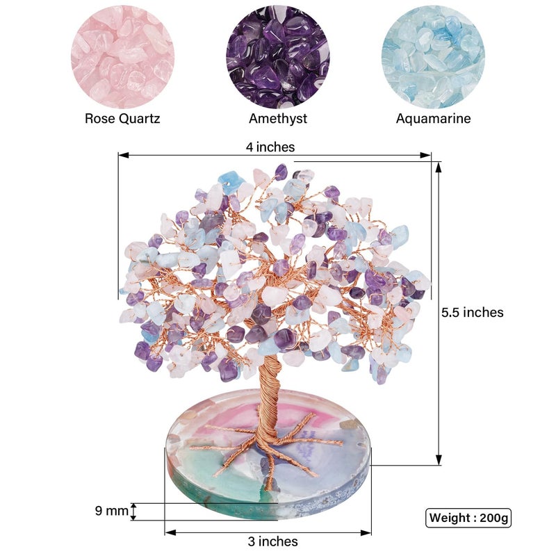 ZenBless 7 Chakra Healing Crystals Stones Tree, Amethyst Pink Aquamarine Leaf Wire on Natural Agate Slice Base House Warming Feng Shui Decoration Luck Gifts for Women Mom Birthday Valentine's Day - Image 2