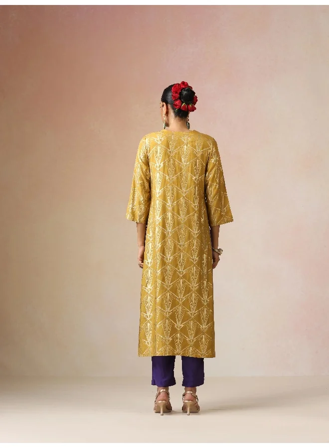 trueBrowns trueBrowns Mustard Gold Foil Print Muslin Silk Straight High-Slit Kurta Set