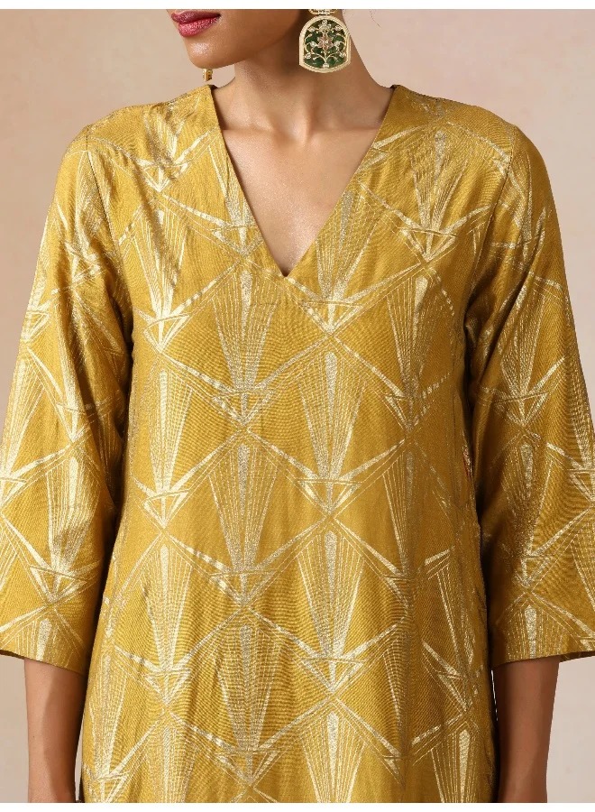 trueBrowns trueBrowns Mustard Gold Foil Print Muslin Silk Straight High-Slit Kurta Set
