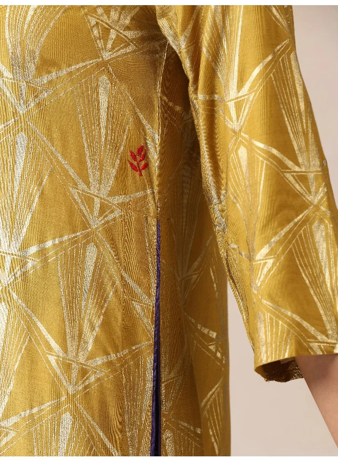 trueBrowns trueBrowns Mustard Gold Foil Print Muslin Silk Straight High-Slit Kurta Set