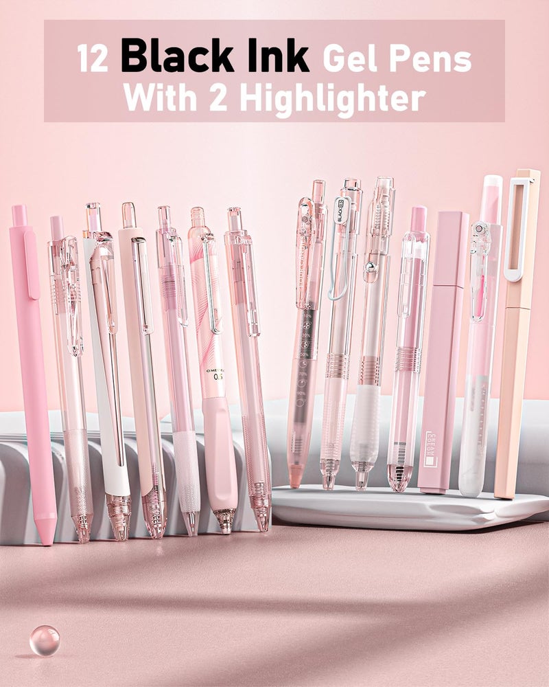 Four Candies Writing Ink Pens with Black & Pink Ink and 2Pack Highlighter, Cute Retractable 0.5mm Smooth Writing Pens,Pink Pens for School, Office Girly Stationery Aesthetic Desk Accessories Set of 14 - Image 2