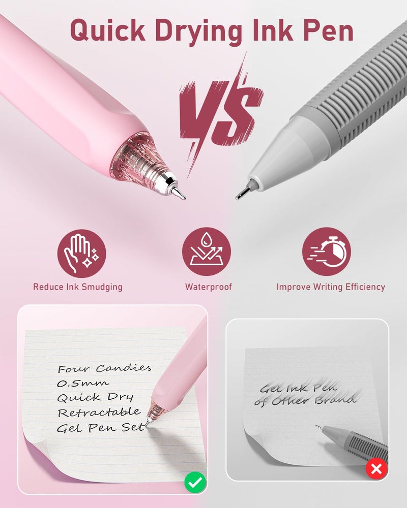 Four Candies Writing Ink Pens with Black & Pink Ink and 2Pack Highlighter, Cute Retractable 0.5mm Smooth Writing Pens,Pink Pens for School, Office Girly Stationery Aesthetic Desk Accessories Set of 14 - Image 4