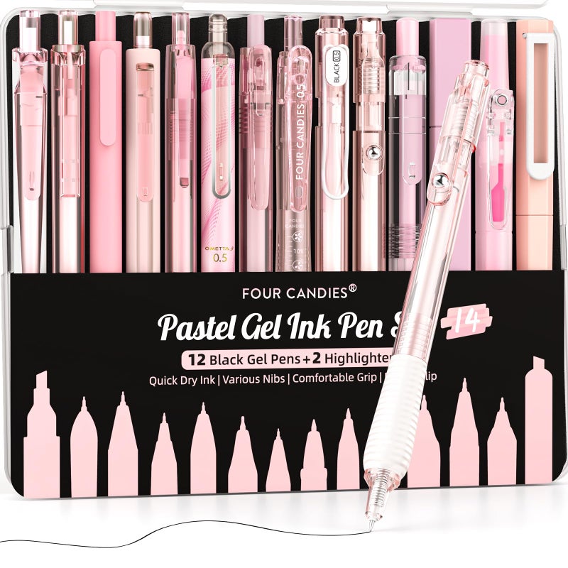 Four Candies Writing Ink Pens with Black & Pink Ink and 2Pack Highlighter, Cute Retractable 0.5mm Smooth Writing Pens,Pink Pens for School, Office Girly Stationery Aesthetic Desk Accessories Set of 14 - Image 1
