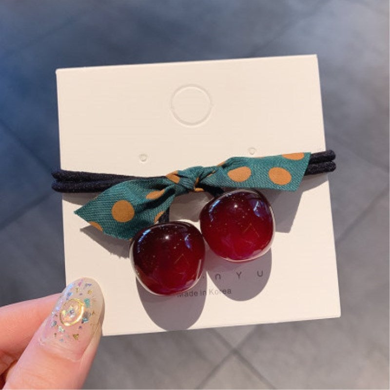 إسكدنيا Cute Bow Cherry Headband Girls Hair Tie Internet Celebrity Hair Band Rubber Band Simple Leather Sheath Hair Accessories A-3035-1 rose red
