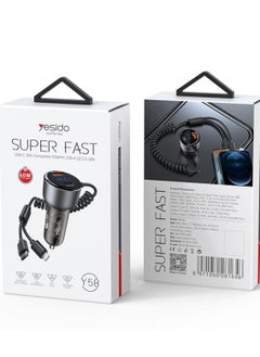 Yesido Y58 60W PD + QC3.0 Dual Port Car Fast Charger with USB-C / Type-C + 8 Pin Spring Cable