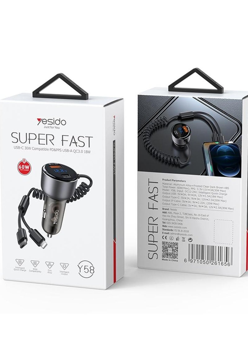 Yesido - Yesido Y58 60W PD + QC3.0 Dual Port Car Fast Charger with USB-C / Type-C + 8 Pin Spring Cable - Image 1