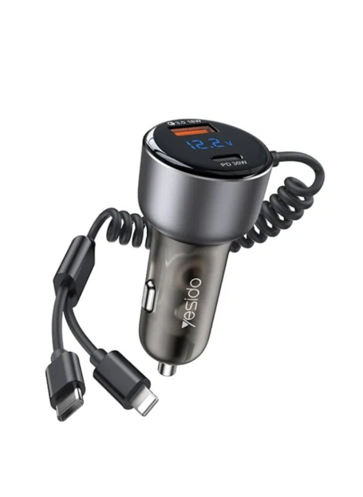 Yesido - Yesido Y58 60W PD + QC3.0 Dual Port Car Fast Charger with USB-C / Type-C + 8 Pin Spring Cable - Image 1