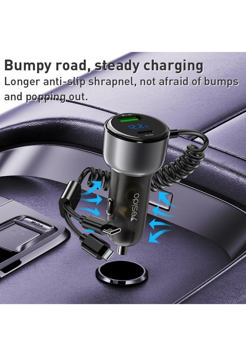 Yesido - Yesido Y58 60W PD + QC3.0 Dual Port Car Fast Charger with USB-C / Type-C + 8 Pin Spring Cable - Image 1