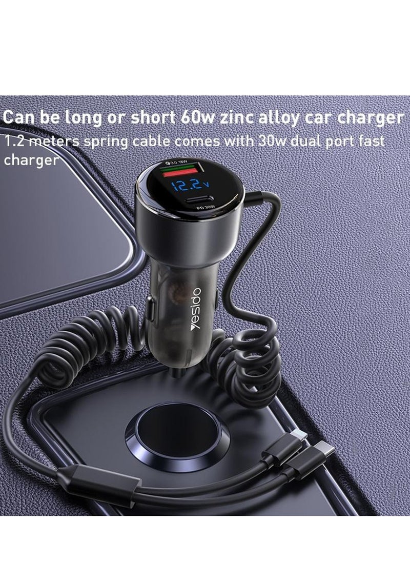 Yesido - Yesido Y58 60W PD + QC3.0 Dual Port Car Fast Charger with USB-C / Type-C + 8 Pin Spring Cable - Image 1