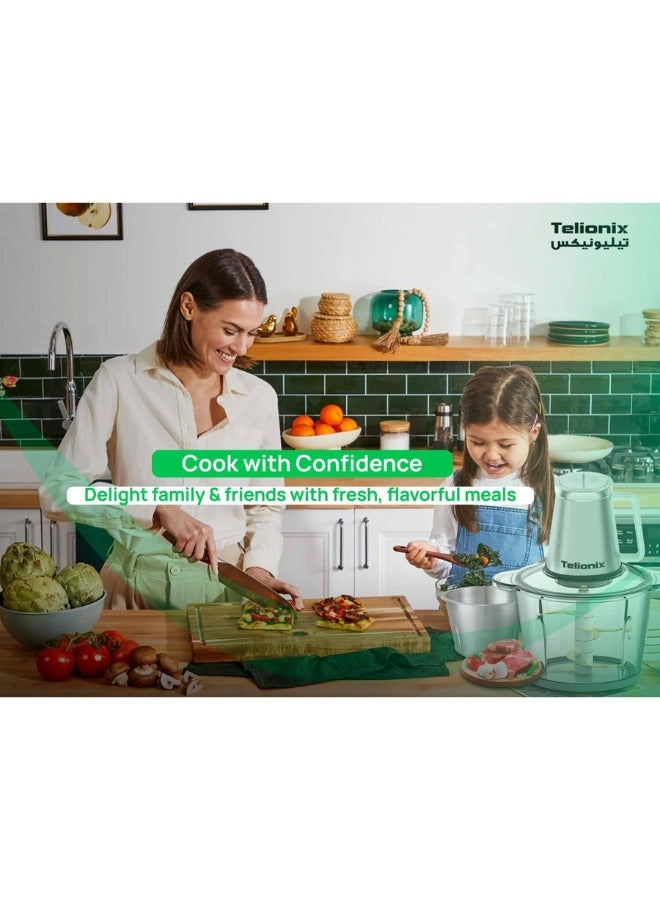 Telionix Food Chopper TC1890, 3L Capacity, 600W Power, 2-Speed Control, Full Copper Motor, 6-Layer Titanium Blades, Stainless Steel & Plastic Housing - Image 2