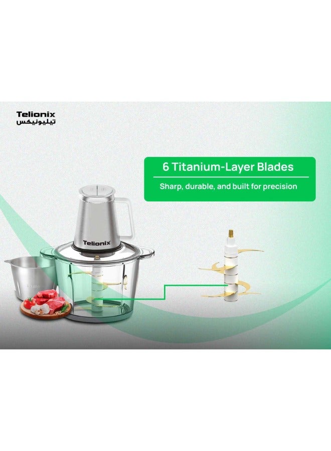 Telionix Food Chopper TC1890, 3L Capacity, 600W Power, 2-Speed Control, Full Copper Motor, 6-Layer Titanium Blades, Stainless Steel & Plastic Housing - Image 4